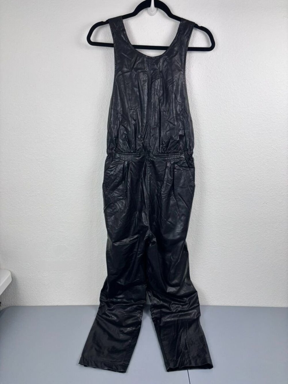 Free People small black faux‎ leather sleeveless overall jumpsuit grunge emo